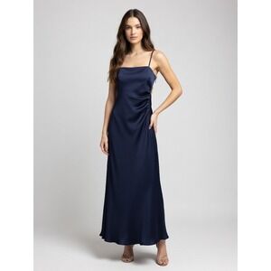 House of Harlow 1960 Navy Blue Satin Ruched Maxi Dress Womens XS Square Neck